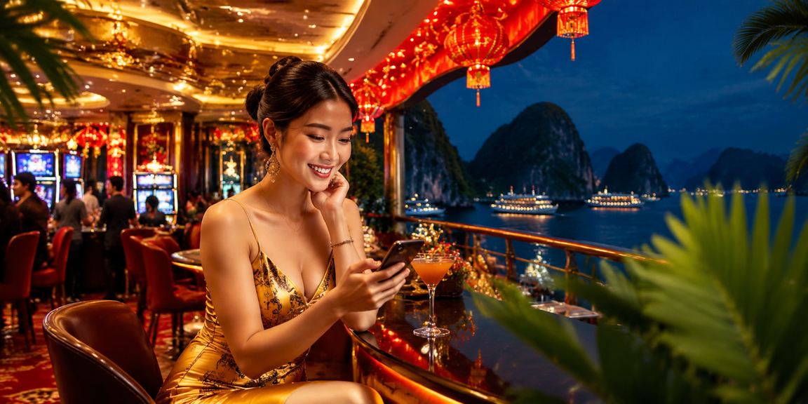 Người dùng tại vịnh Hạ Long dùng điện thoại thực hiện giao dịch tài chính dịp Tết